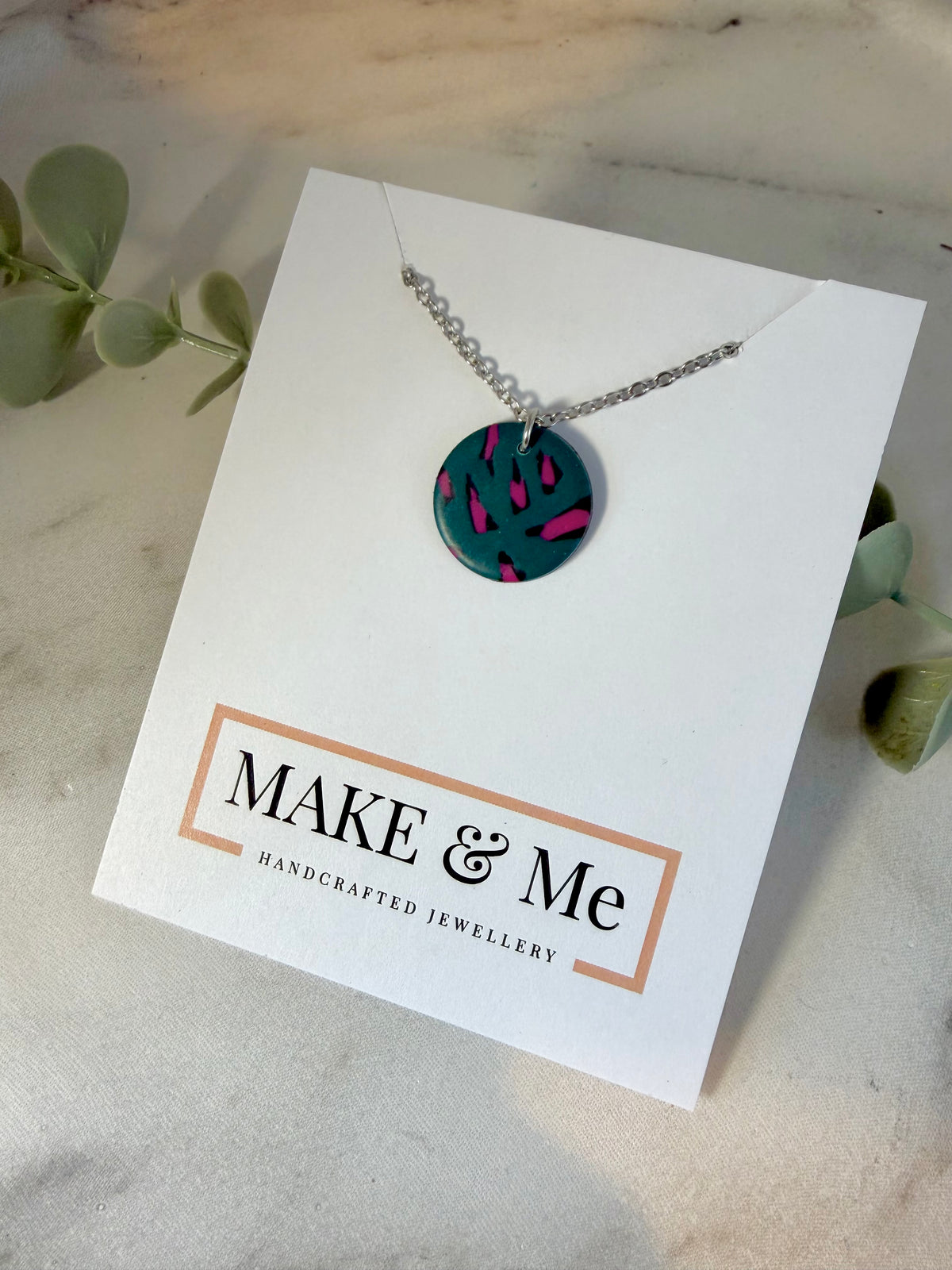 Peacock Green and Magenta Pink Leopard Print - Large Button Necklace