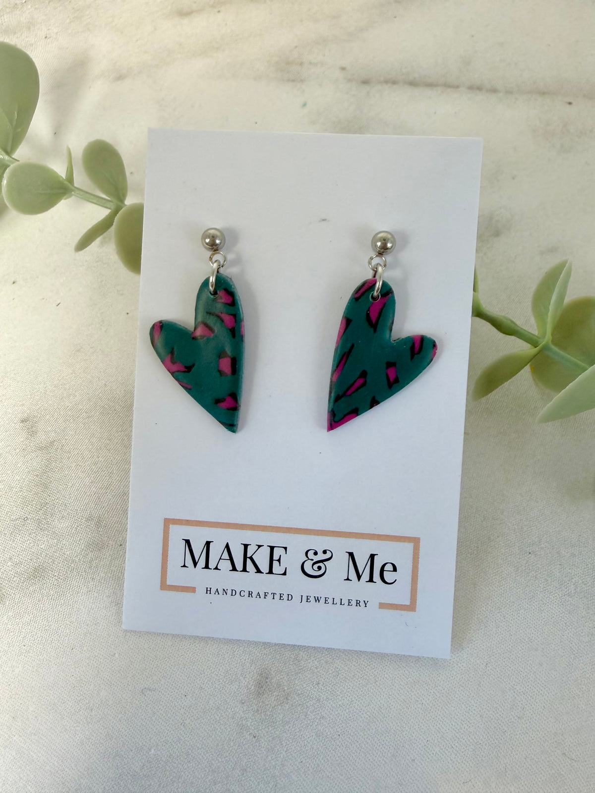 Peacock Green and Magenta Pink Leopard Print- Asymmetric Heart  Ball Stud / Hook