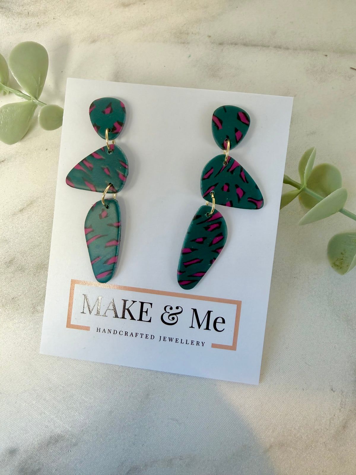 Peacock Green and Magenta Pink Leopard - The Pebble Earring