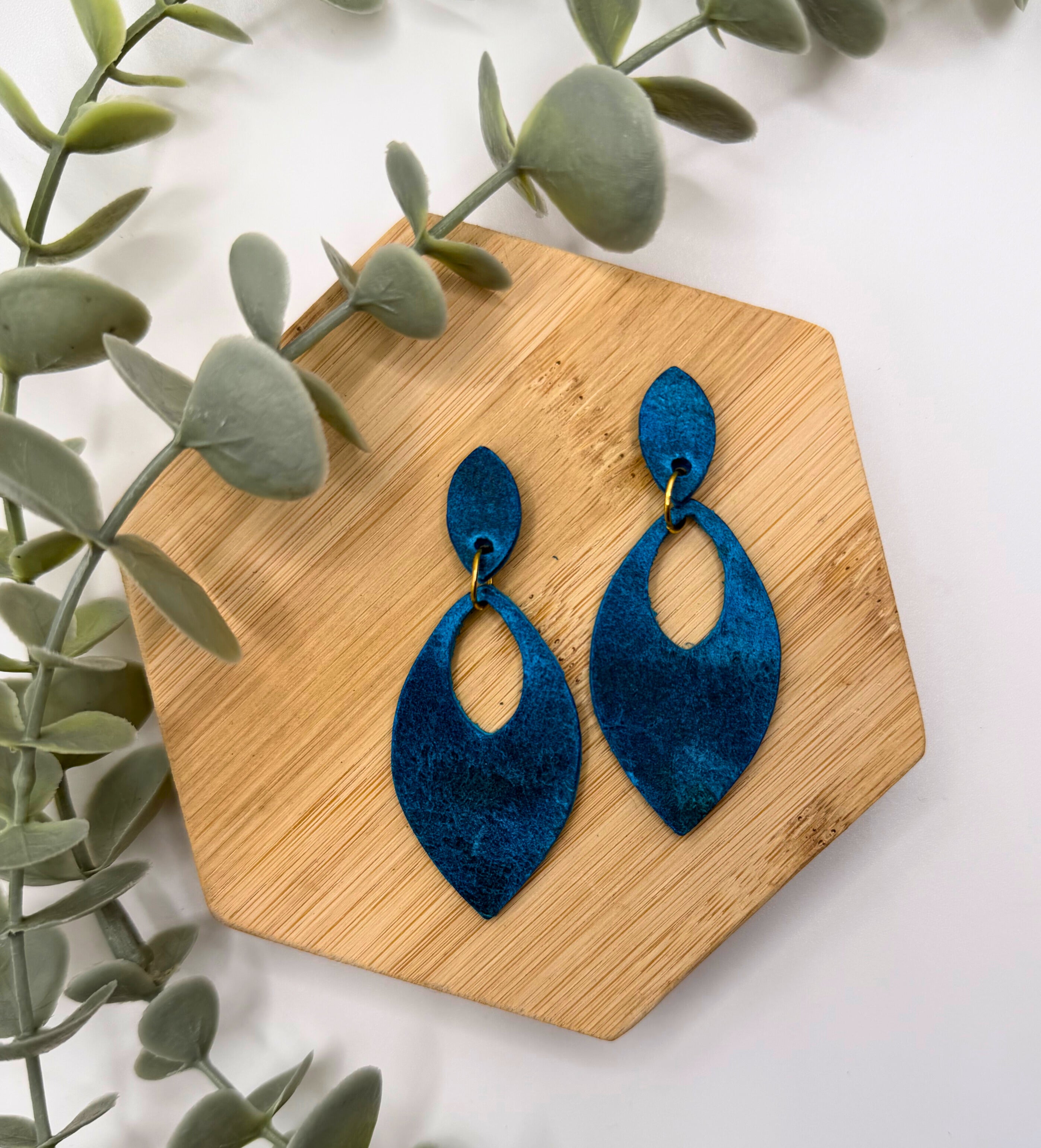Navette Leather Dangle Earrings – Reclaimed Leather Collection | Teal