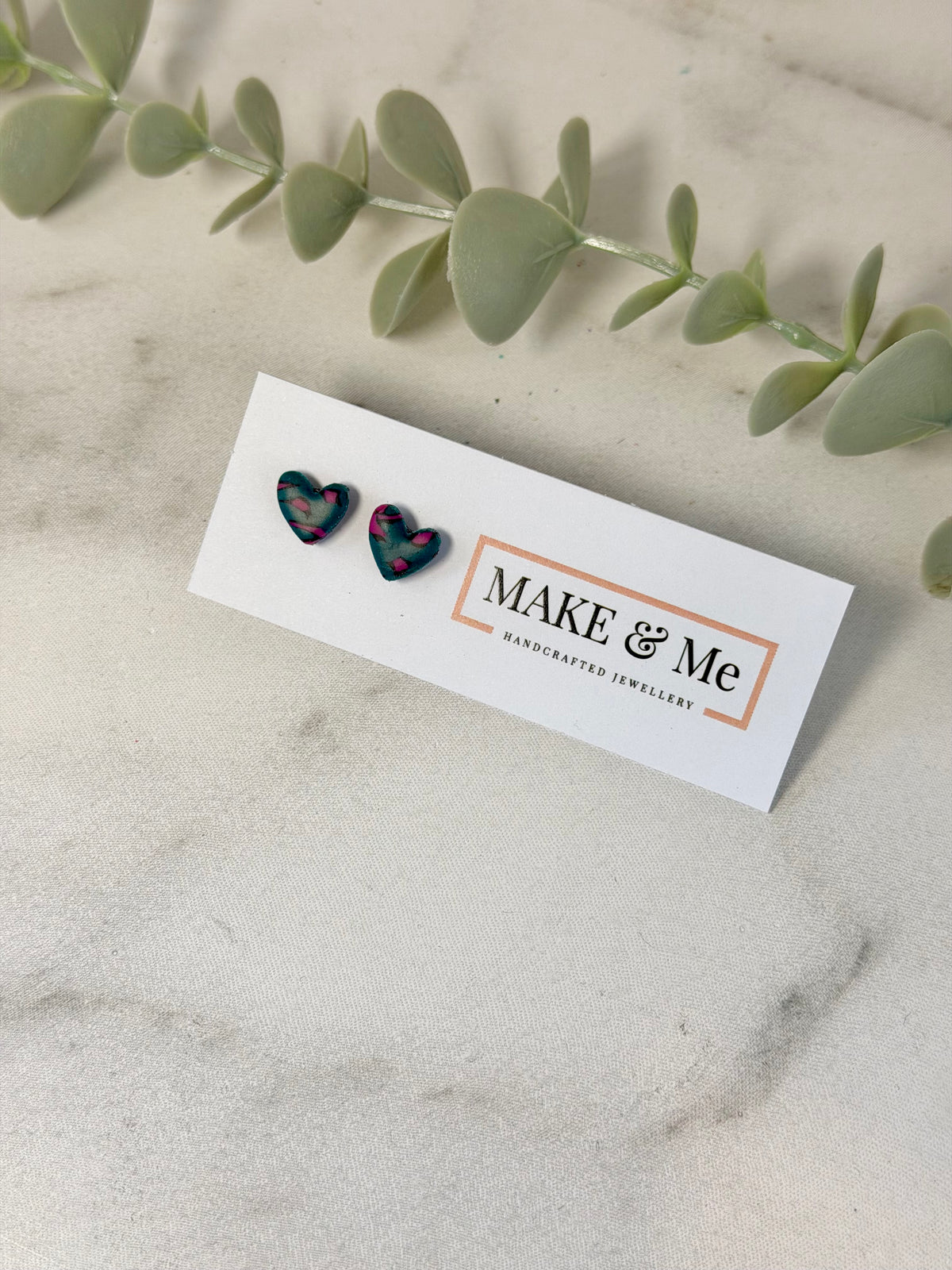 Peacock Green and Magenta Pink Leopard Print -  little Heart Stud Earrings
