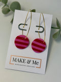 Pink and Red Striped Large Button Hoop Earring