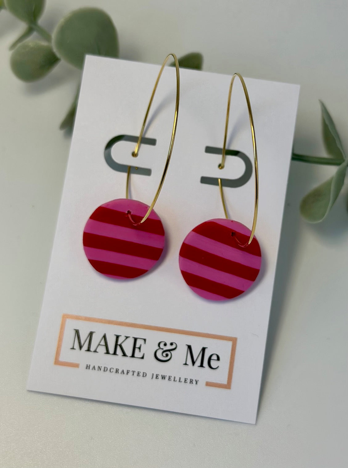 Pink and Red Striped Large Button Hoop Earring