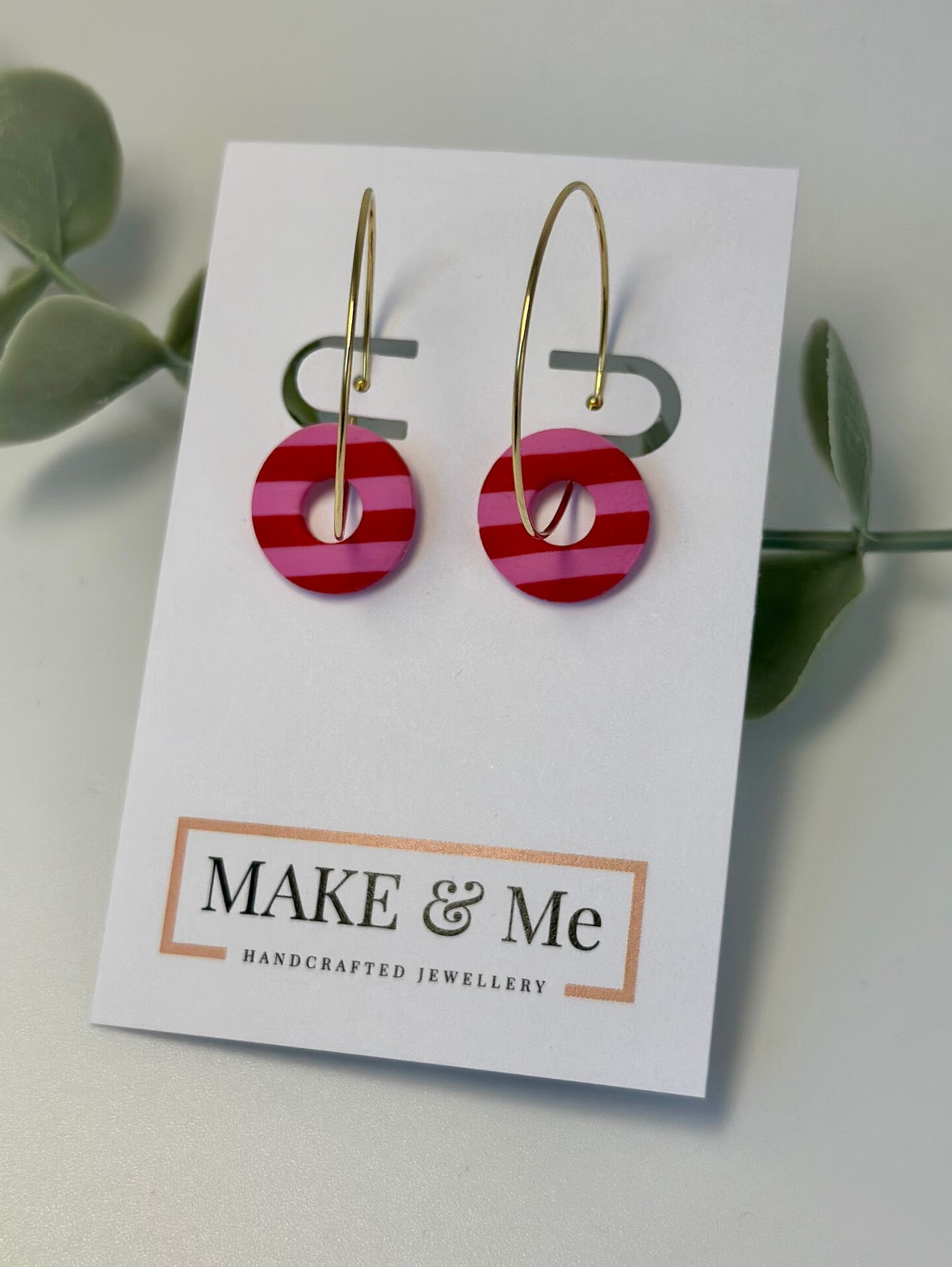 Pink and Red Striped Polo Hoop Earring