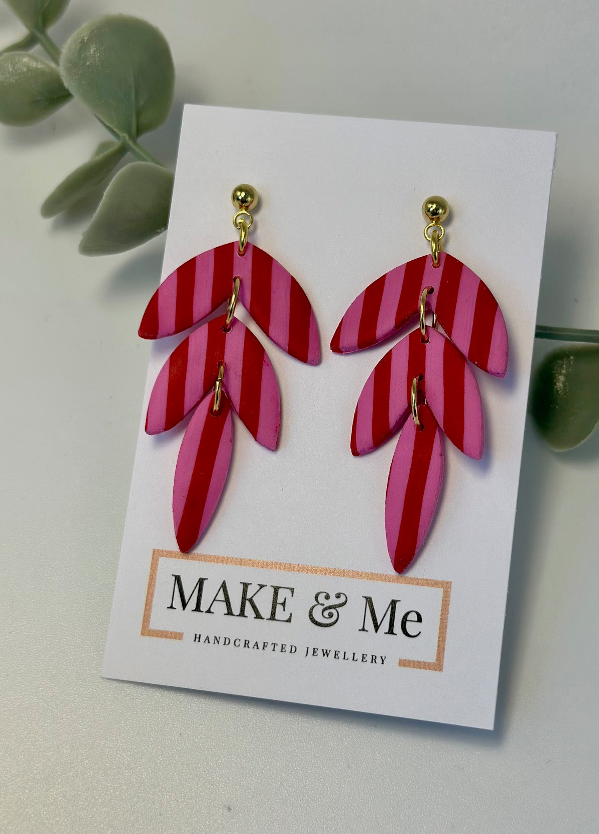 Pink and Red Striped Petal Statement Earrings