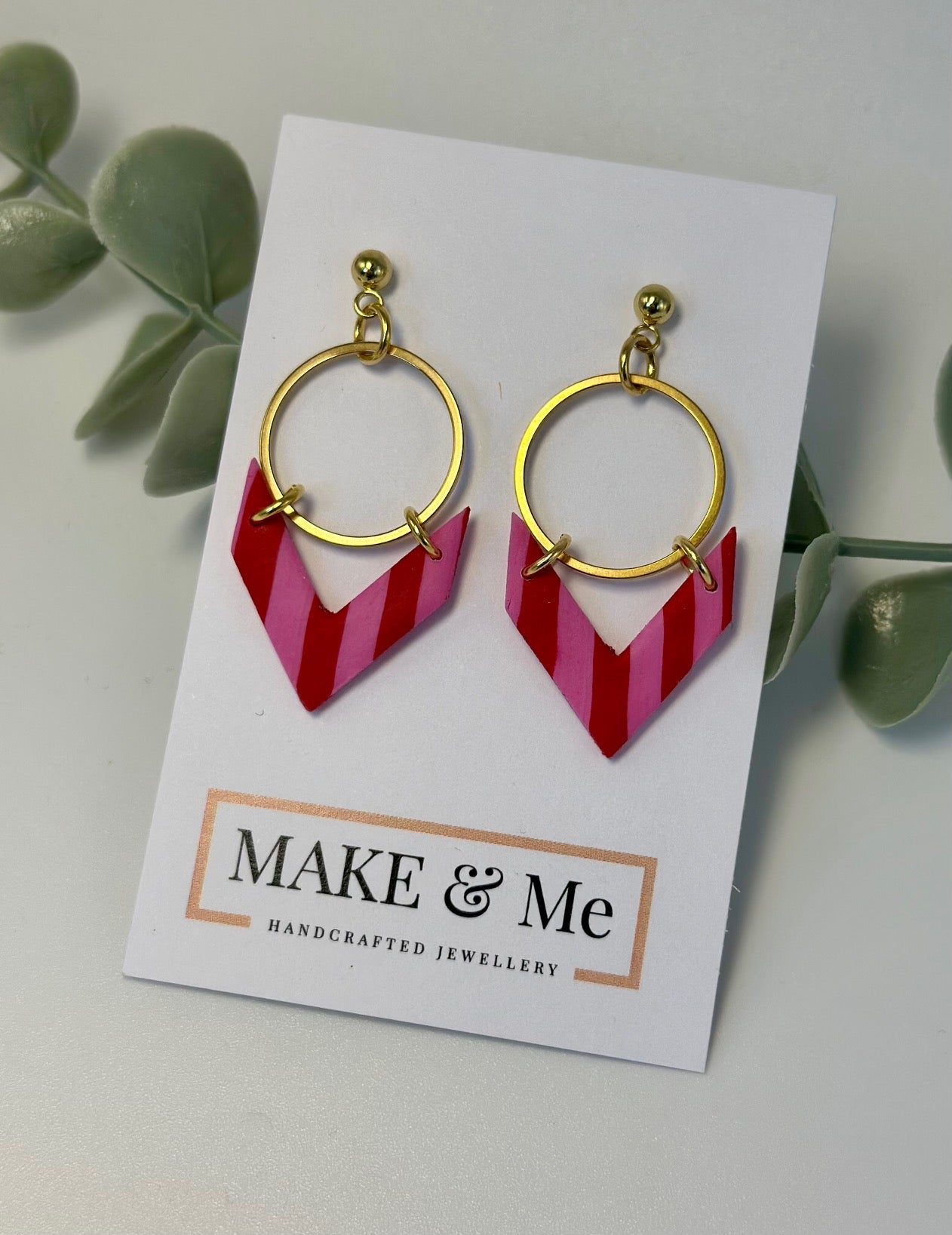 Pink and Red Striped Chevron Earring