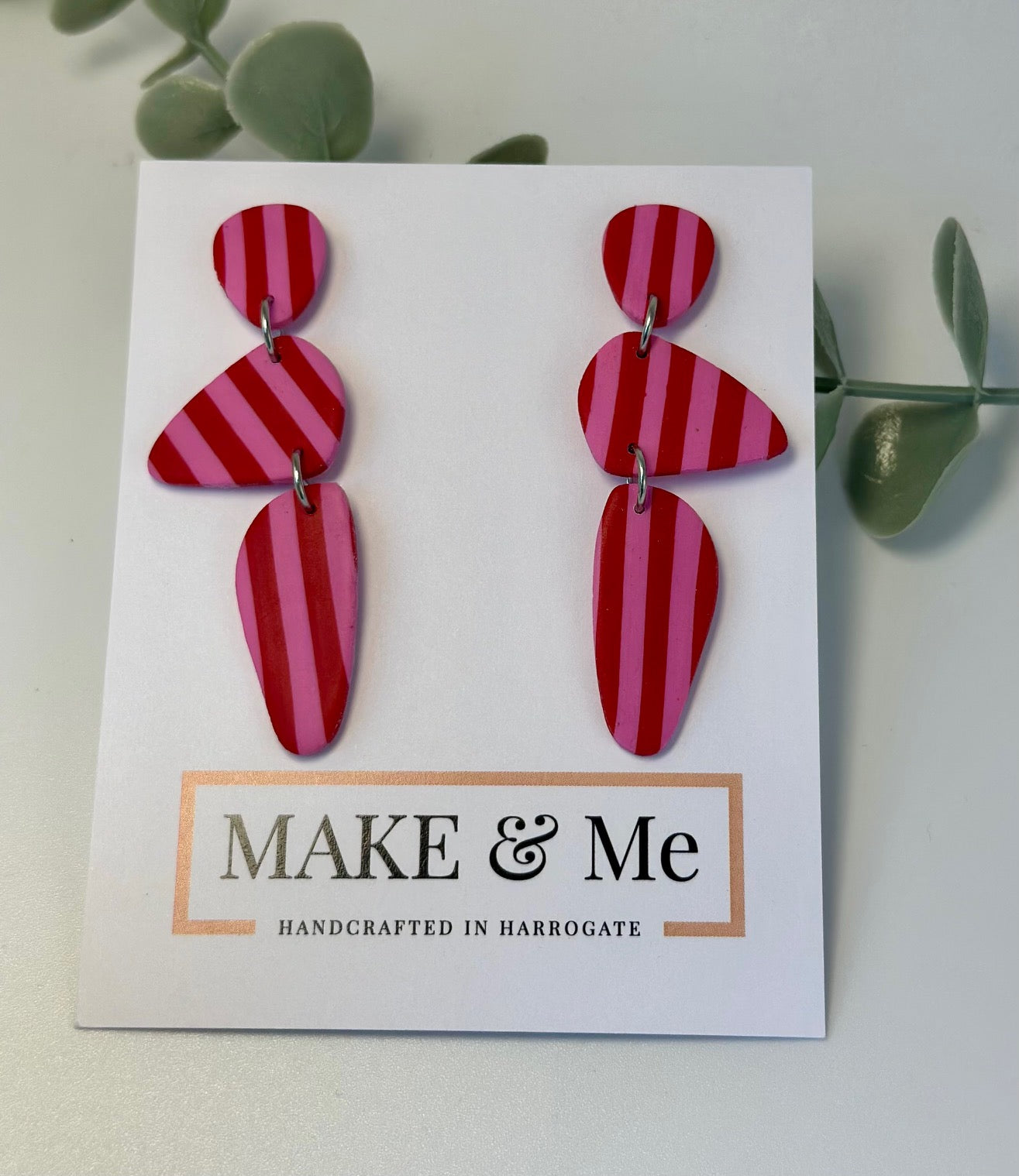 Pink and Red Striped Pebble Statement Earrings