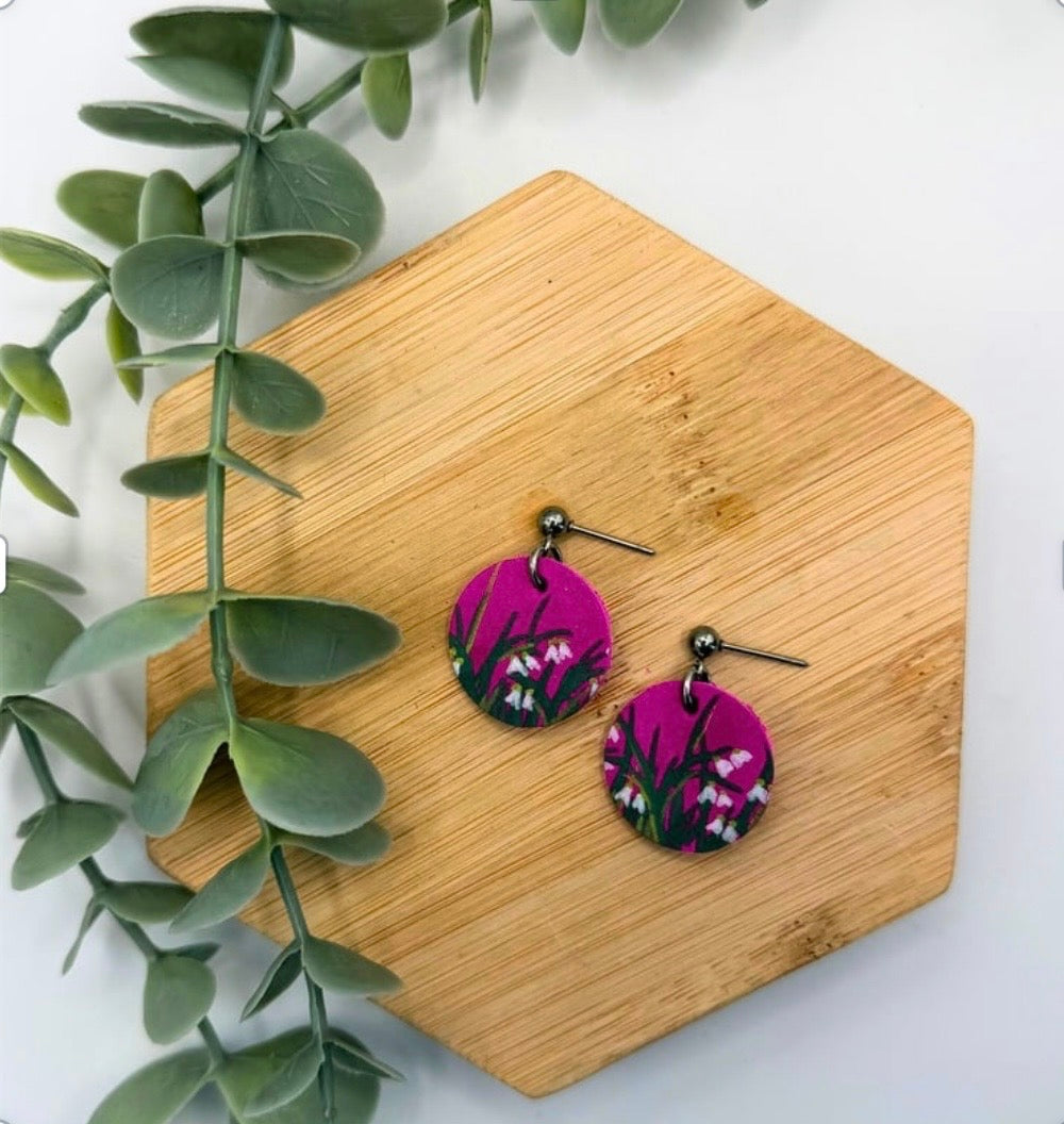 Large Button Ball Stud Earrings – Reclaimed Leather Collection | Hand-Painted Snowdrops